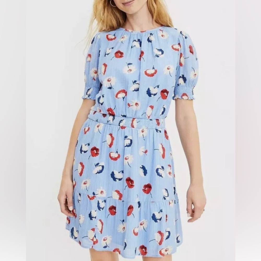 LOFT Blue Floral Dress small size 4 petite short sleeve flowy fully lined